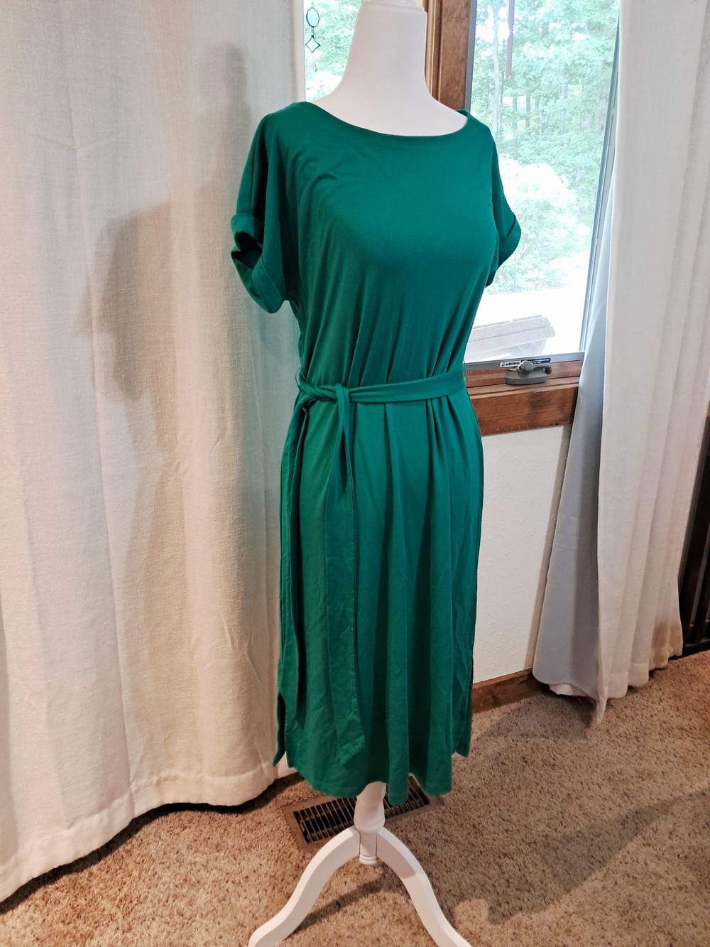 LOFT Emerald Green Midi Dress with Self Tie Belt Small